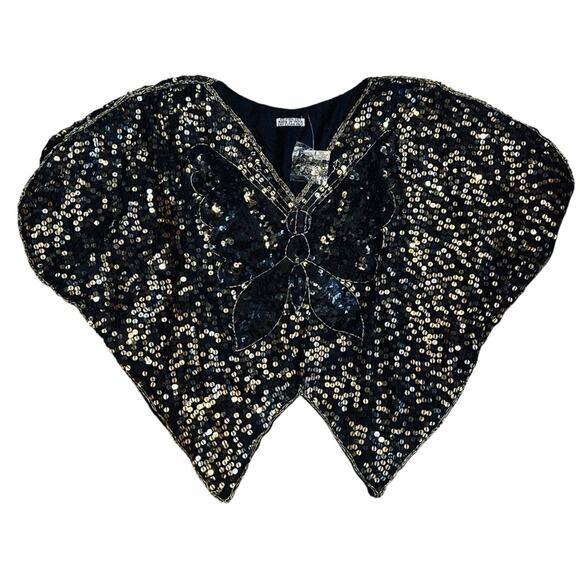 Vintage Women’s Sz S NWT Black Gold Sequin Butterfly Top 70s Deadstock Silk Boho - Picture 2 of 10